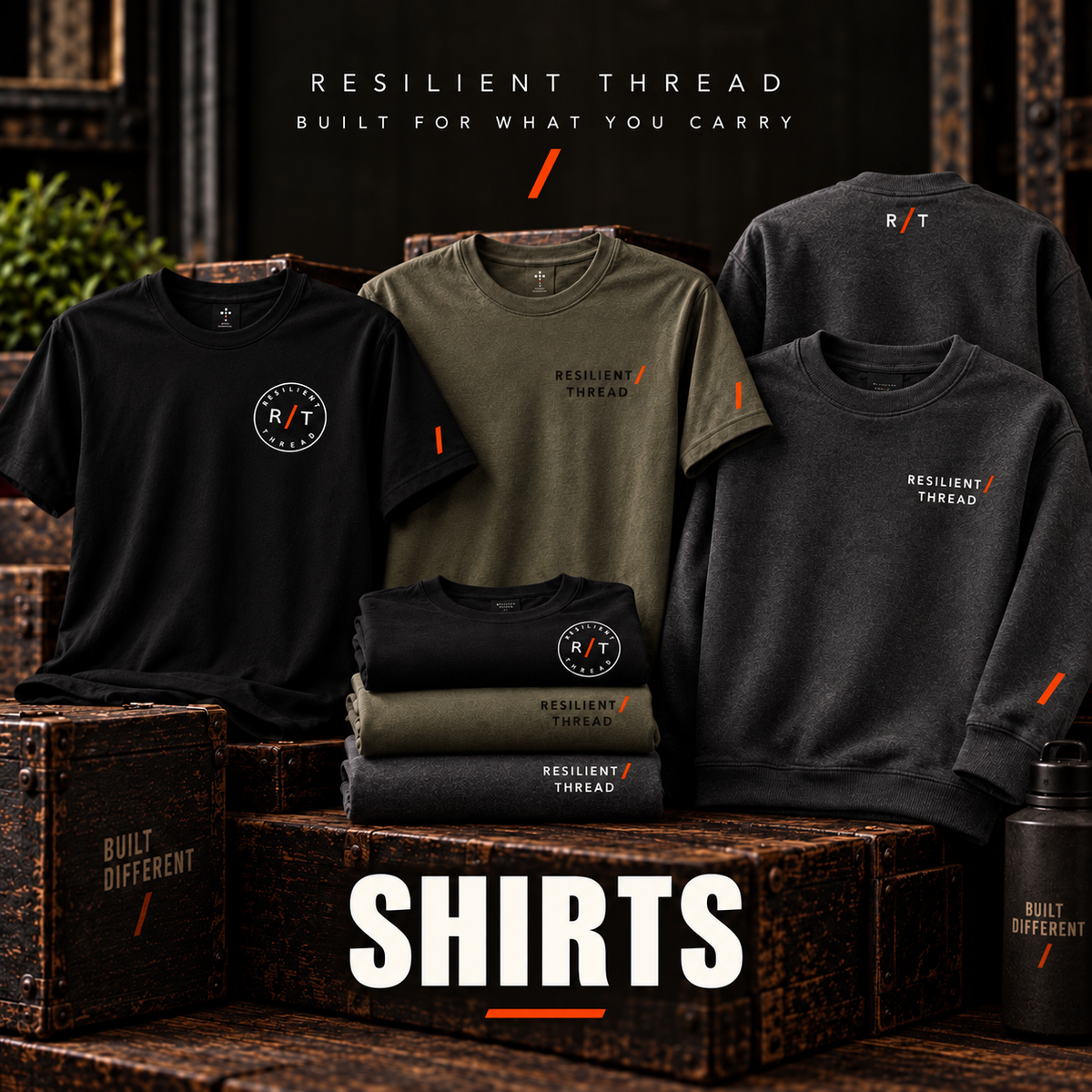 Resilient Thread FIRST DROP apparel collection featuring black R/T circle tee, olive Resilient Thread tee, and charcoal crewneck
