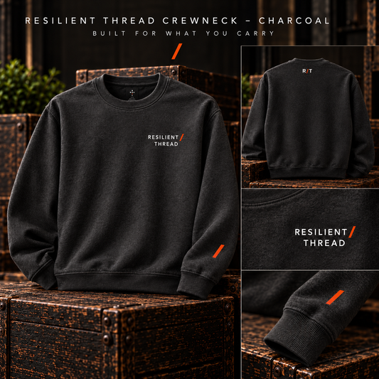 Resilient Thread charcoal crewneck with chest logo, orange sleeve slash, and small centered R/T logo at back neck