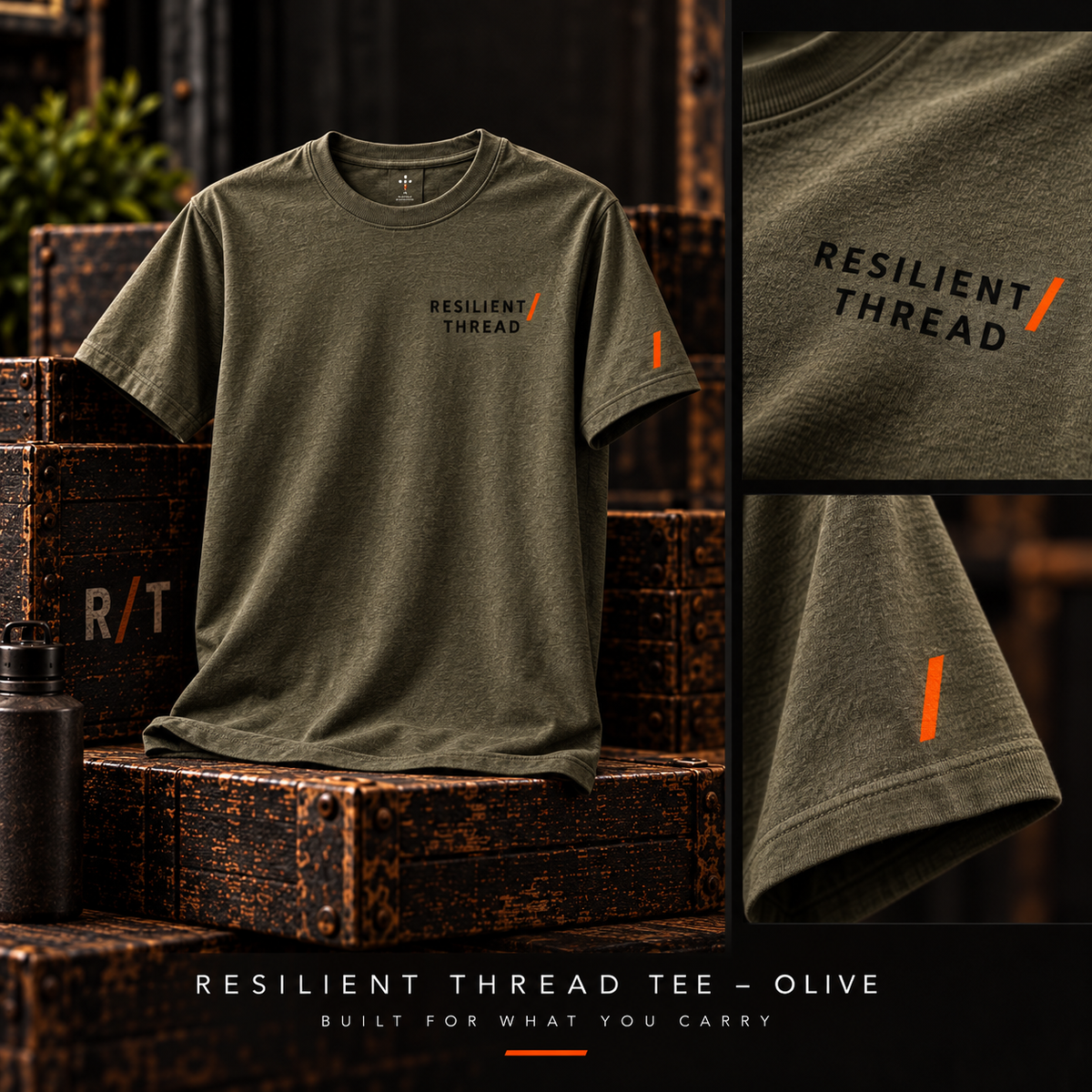 Resilient Thread olive tee with chest logo and orange sleeve slash