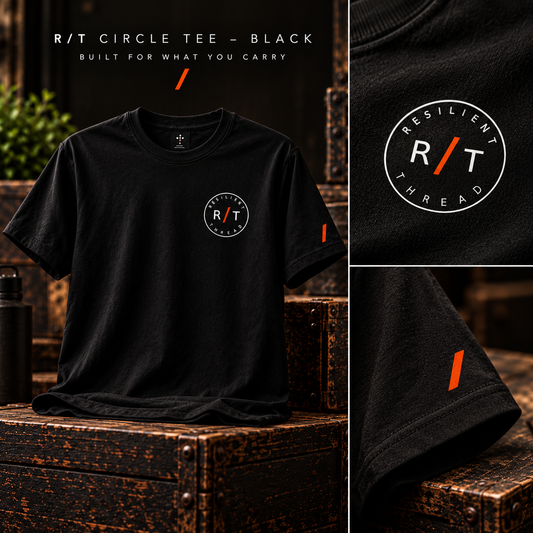 R/T Circle Tee in black with circular Resilient Thread chest logo and orange sleeve slash